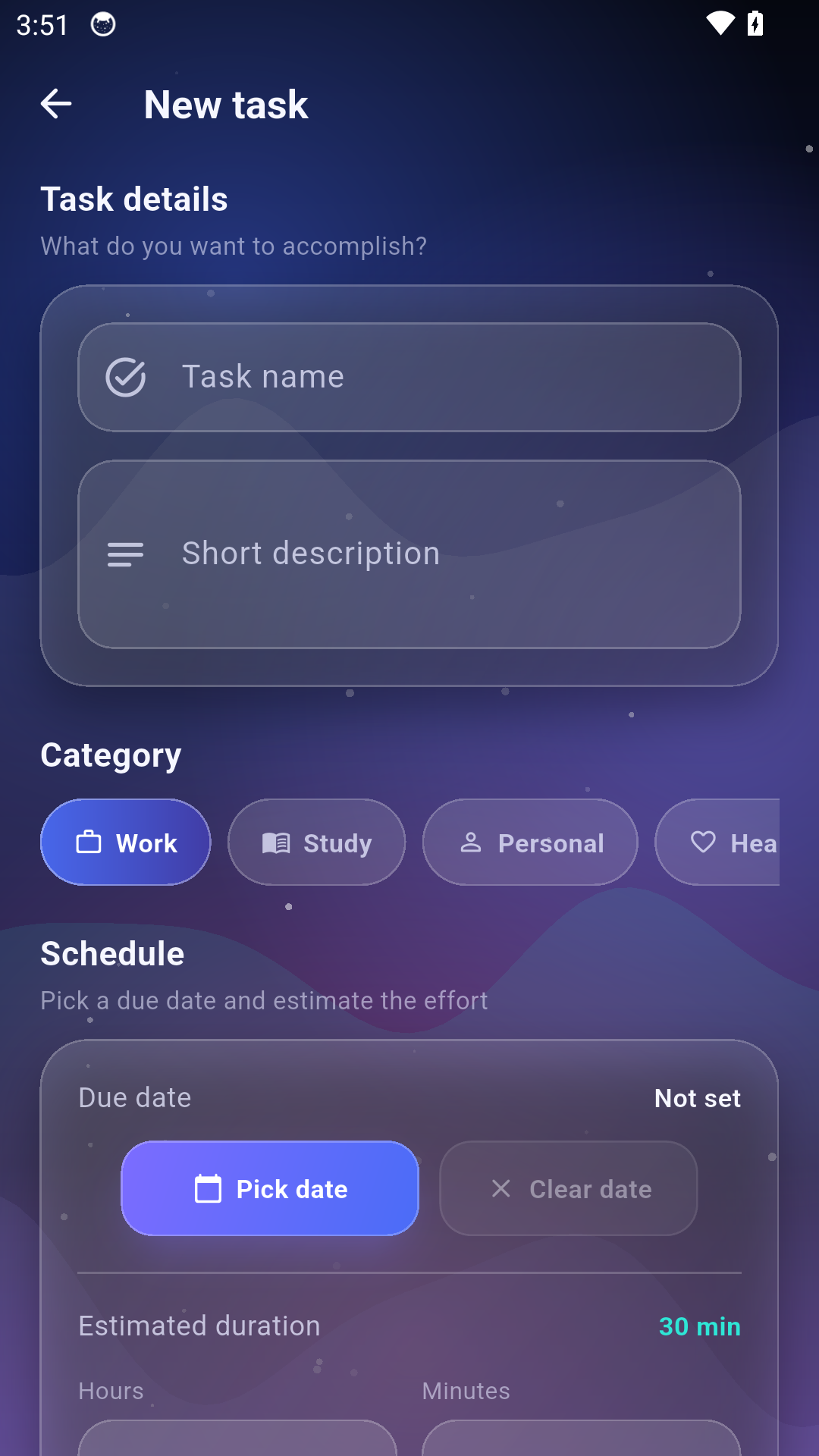 Clarity Dashboard task creation screen